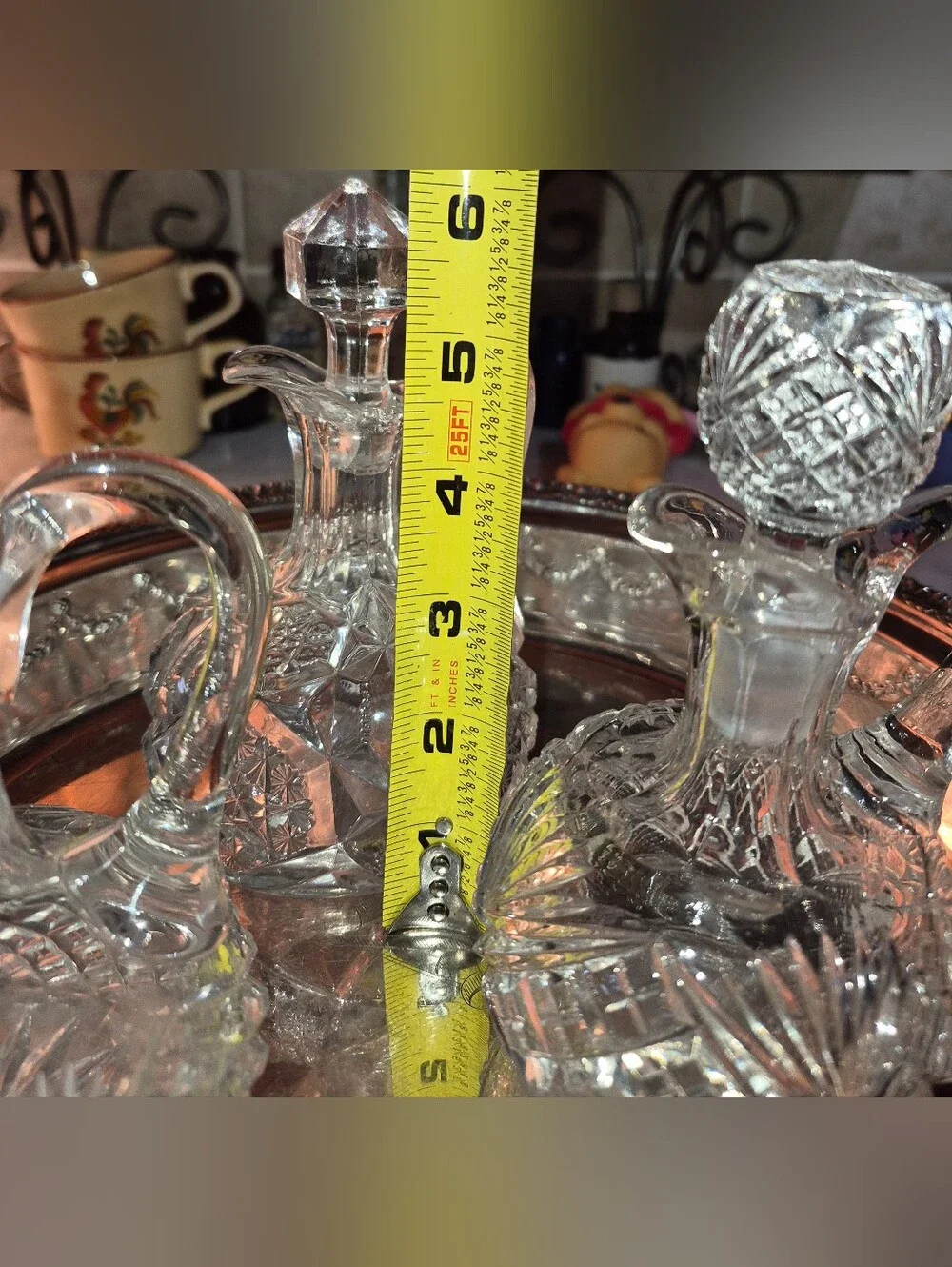 3 Vintage or Antique cut-glass cruets with matching stoppers and handles